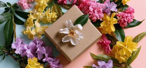 Obraz premium Springtime setting featuring a colorful birthday gift box nestled among blooming flowers, evoking happiness and celebration.