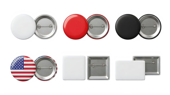Blank pin button badges set. Round and square metal pins with US flag design.