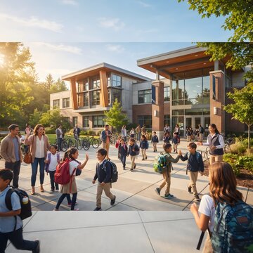 Children arrive at the entrance of a modern school building with their parents on a sunny morning.