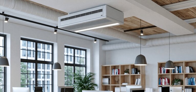 In a modern office, a stylish ceiling air diffuser provides efficient ventilation and fresh airflow for a productive workspace.