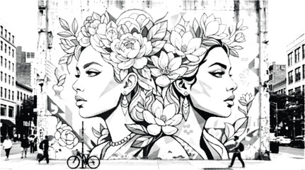 Urban street mural showing two women profiles with floral headdress. © HelalUddin