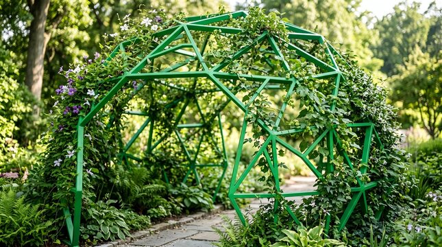 Green geodesic dome trellis covered in climbing vines in a garden