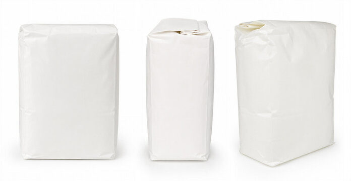 Flour salt and sugar white paper bag isolated on white background with clipping path