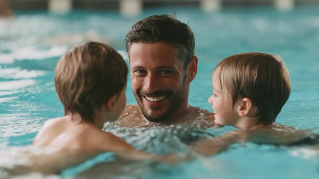 Happy father playing with his two young sons in a swimming pool, enjoying quality family time together during a fun summer vacation activity