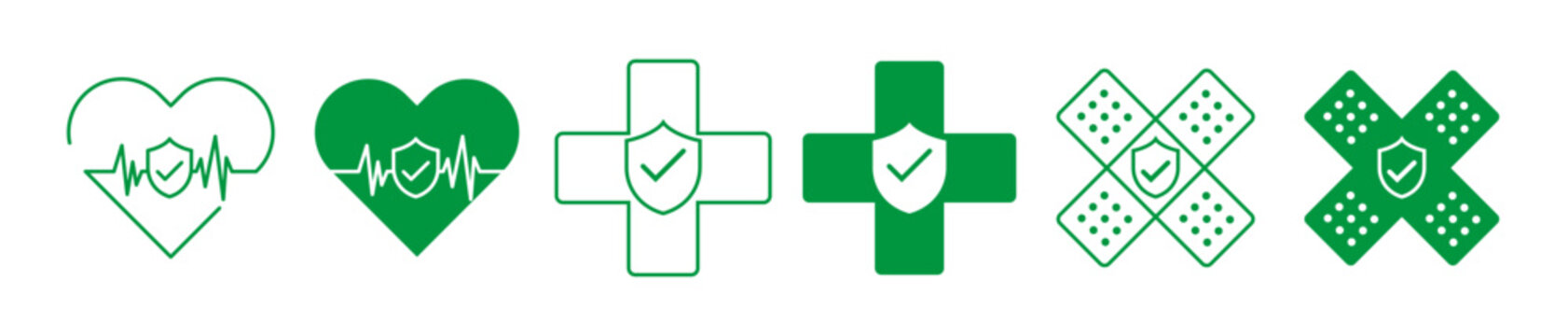 Healthcare protection icon set. Collection of medical heart, safety shield, first aid cross, and adhesive bandage symbols. Editable stroke. Vector illustration.