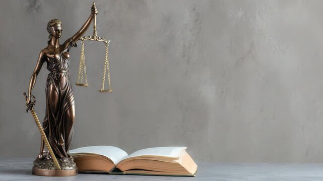 Lady Justice statue with golden scales and open law book on wooden table, classic legal symbol for courtroom, attorney office, and judicial system