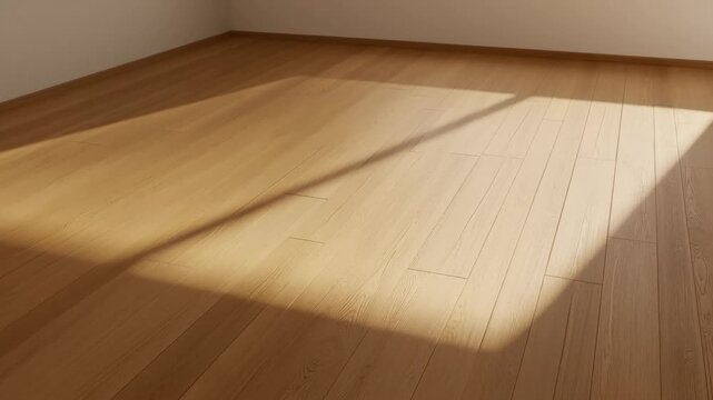 Empty room interior with warm sunlight casting light beam shadows on clean wooden floor surface with copy space for product background
