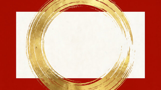 Gold brushstroke circle on red and white background