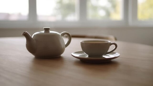 A ceramic teapot and a matching cup of tea on a wooden table in a brightly lit room