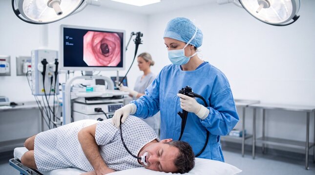 Female doctor performing an endoscopy procedure on a male patient in a modern hospital medical room with advanced monitoring equipment and endoscopy screen