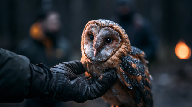 Barn Owl Perched on Gloved Hand at Night