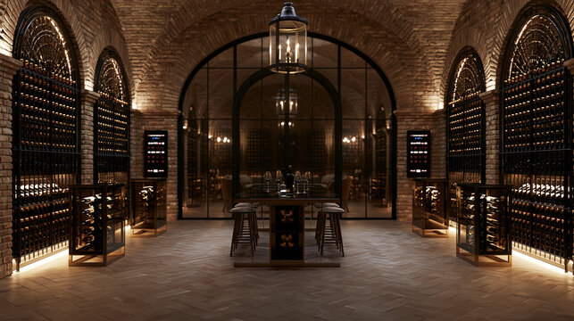 Luxury Wine Cellar with Tasting Table and Brick Arches