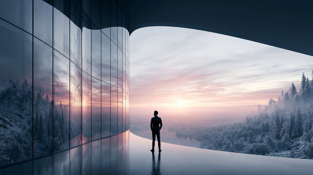 Man Standing in Modern Glass Building Overlooking Winter Landscape at Sunset