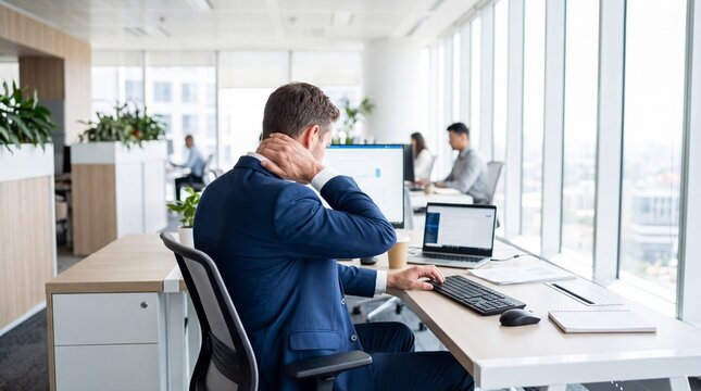 Stressed businessman in blue suit experiencing neck pain and muscle tension while working at a desk in a bright modern open plan corporate office environment