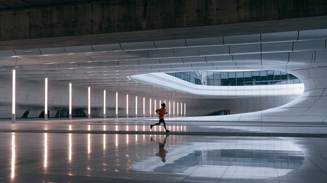 Runner Jogging in Modern Futuristic Architecture Space