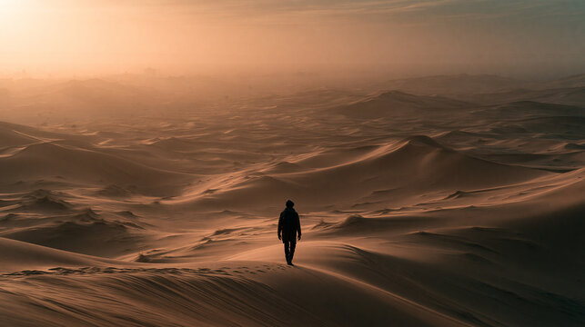 Solitary Figure Walking Through Desert Dunes at Sunset