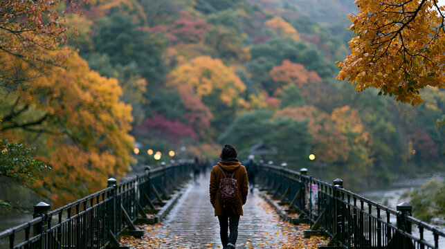 Solo Traveler Running Across Bridge in Autumn Forest