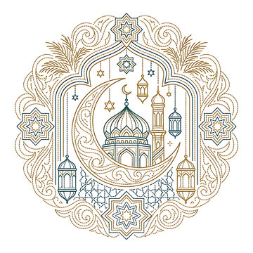 Intricate Islamic Line Art Illustration of Mosque with Crescent Moon and Lanterns for Ramadan Kareem
