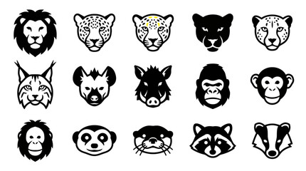 Collection of fifteen big cat and wild animal head icons. Leopard, panther, lynx, hyena, gorilla, monkey, badger. Vector illustration set design. © MdSharifulAlam