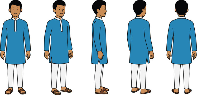 Character turnaround of young man in blue kurta outfit