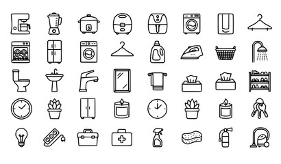 Fototapeta premium Minimal Household Vector Icons with Home Appliances Cleaning and Furniture
