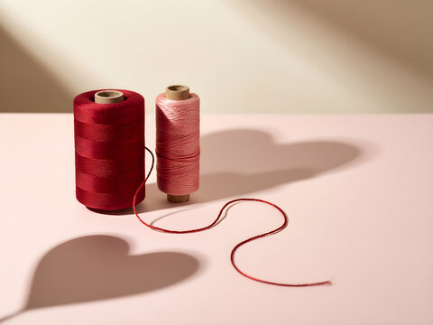 Two separate embroidery-thread spools connected by one loose red thread curve for Valentine retail, relationship, gifting and social campaign