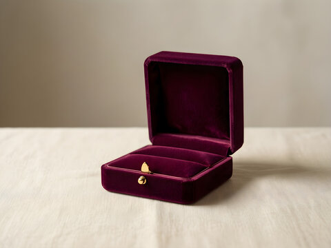 Open plain velvet ring box with one conventional hinge and two empty slots for wedding, engagement, anniversary and premium-event campaign