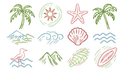 Hand drawn summer beach icons set, tropical vacation doodle elements, 12 colorful ocean and island travel vector illustrations for seasonal branding © Stock Master 