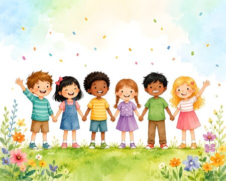 Watercolor children's book illustration featuring six cheerful children of diverse ethnic backgrounds standing hand in hand on a lush green grassy field