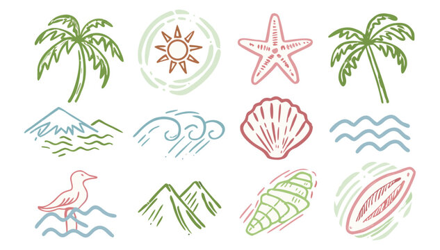 Hand drawn summer beach icons set, tropical vacation doodle elements, 12 colorful ocean and island travel vector illustrations for seasonal branding