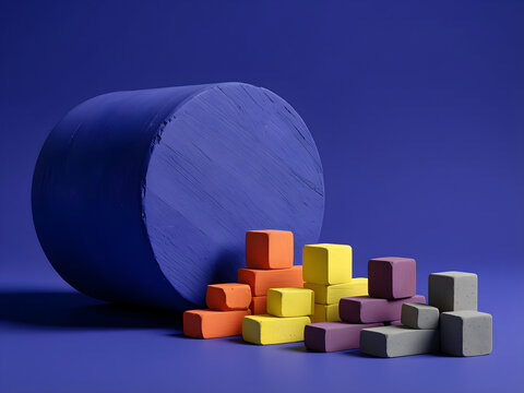 One massive ultramarine cylinder continuing through a staggered field of small chalk obstacles for business, strategy, finance, consulting, innovation and editorial campaign
