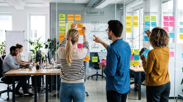 Creative team brainstorming session with sticky notes on glass wall, project roadmap planning and agile development strategy for startup innovation and marketing ideas