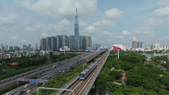 Aerial View of Ho Chi Minh City Highway and Landmark 81 Skyline