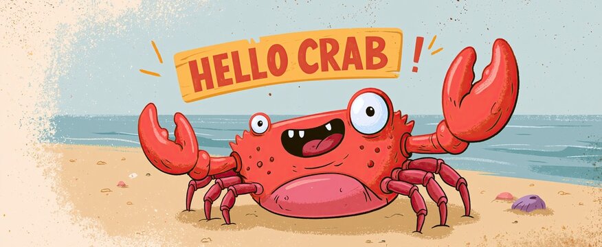 Cheerful cartoon crab with vibrant colors on a beach setting, featuring a fun seafood pun for summer designs.