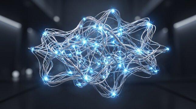 Futuristic neural network with glowing blue nodes, abstract digital brain concept with tangled silver wires, artificial intelligence data processing visualization in a dark lab