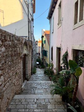 Picturesque narrow historic stone alleyway with cobblestone stairs running between old Mediterranean buildings and potted green plants in Rovinj.