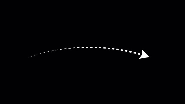 Animated white dotted arrow moving in a curved path on transparent background with alpha channel.