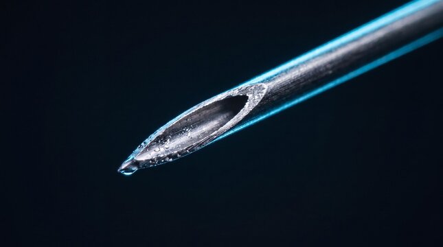 Medical Needle Close-Up: Extreme macro shot of a sharp, sterile medical needle tip, highlighting its precision and potential for medical intervention.
