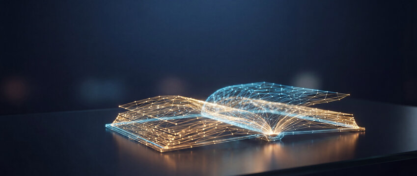 Digital book made of glowing network wireframe with blue and gold illuminated nodes on a dark surface for modern online education, artificial intelligence library, or e-learning technology