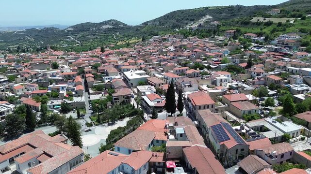 Aerial view of picturesque Lefkara village with traditional stone houses and red roofs, Cyprus