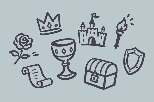Medieval Fantasy Symbols Doodle Vector Set Illustration