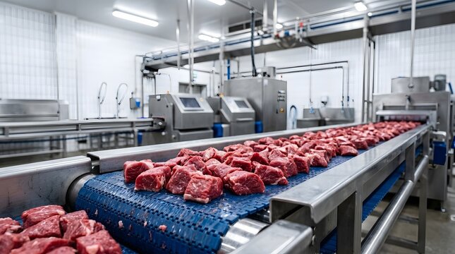 Raw diced beef pieces moving along conveyor belt in meat processing plant.