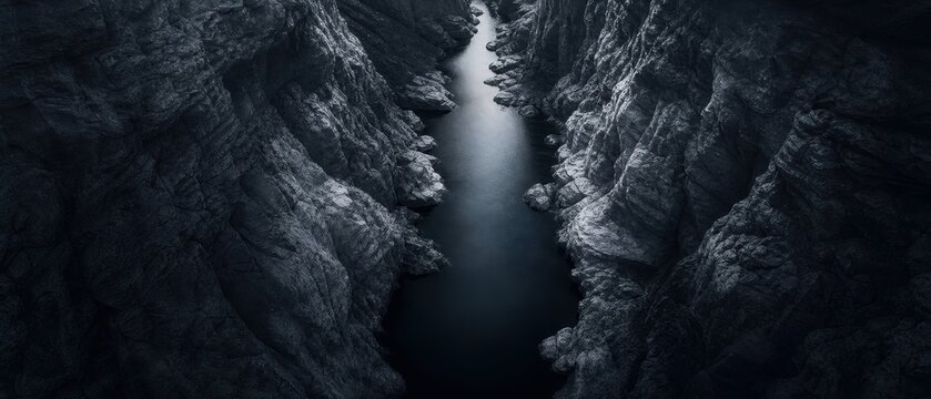 Aerial view of dark narrow canyon with calm river flowing between steep rock wall