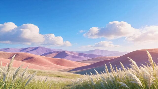 Colorful rolling hills under blue sky