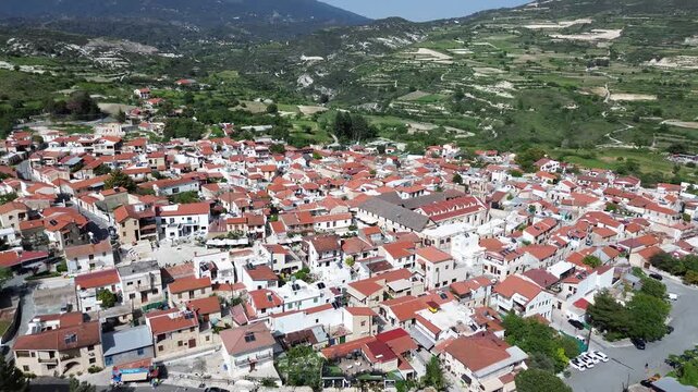 Aerial view of the historic wine-producing village of Omodos in Troodos mountains, Cyprus