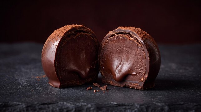 Decadent Chocolate Truffle: A rich, dark chocolate truffle is artfully sliced in half, revealing its luscious, molten center, dusted with cocoa powder on a dark, textured surface.