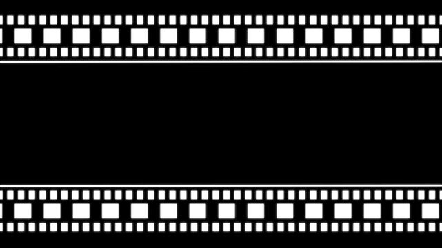 Film strip frame for video movie or photo content. Moving film strip animation with classic camera roll on cinematic. Film strip material with empty frame.