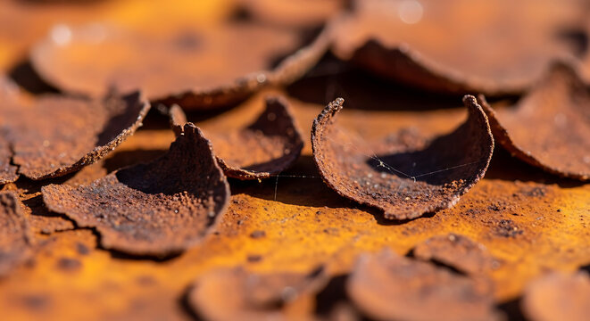 Close up detail of rusted metal texture with flaking paint scales, corrosion