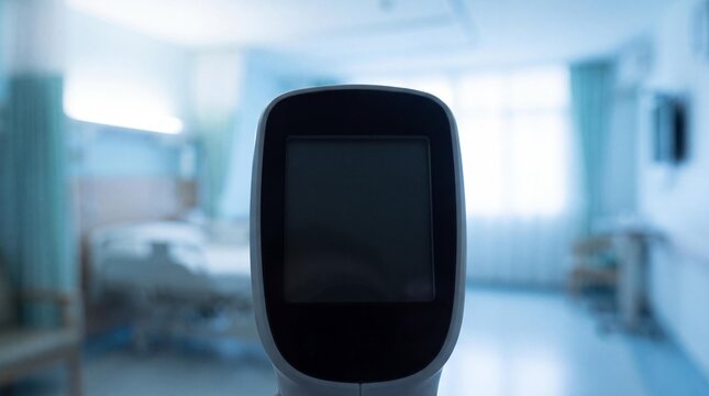 Digital Thermometer in Hospital Room: A close-up of a digital thermometer with a blank screen, set against the blurred backdrop of an empty hospital room.