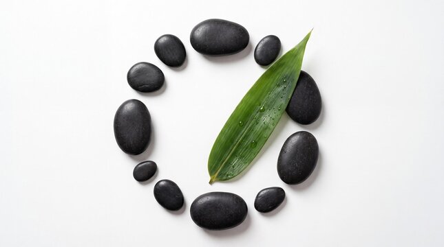 Zen Circle of Balance: Smooth, dark stones are arranged in a perfect circle around a vibrant green bamboo leaf, symbolizing tranquility and natural harmony.